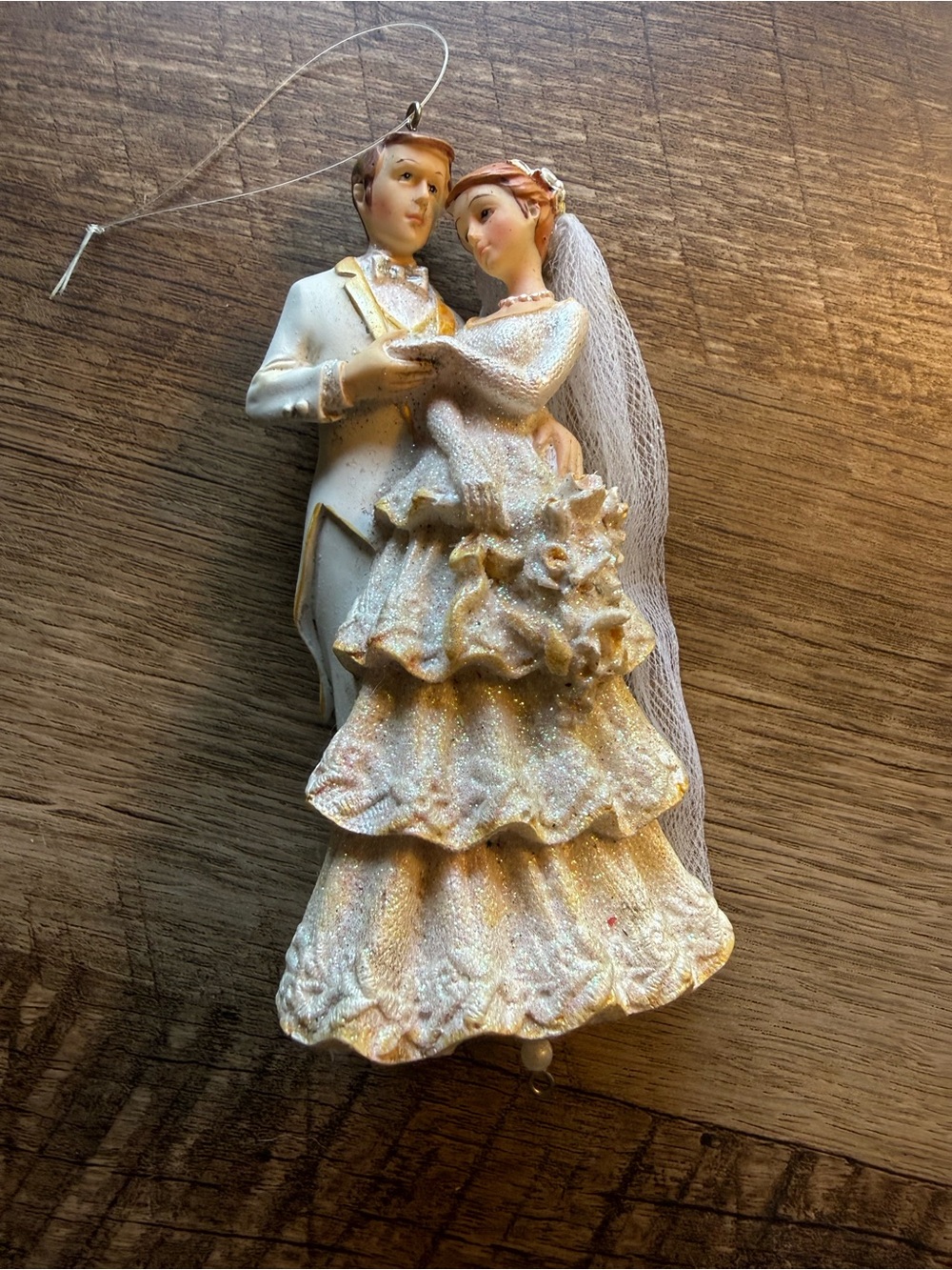 Vintage Bride and Groom Resin Ornament - Dancing Bride Groom Lace w/ Pearl Veil